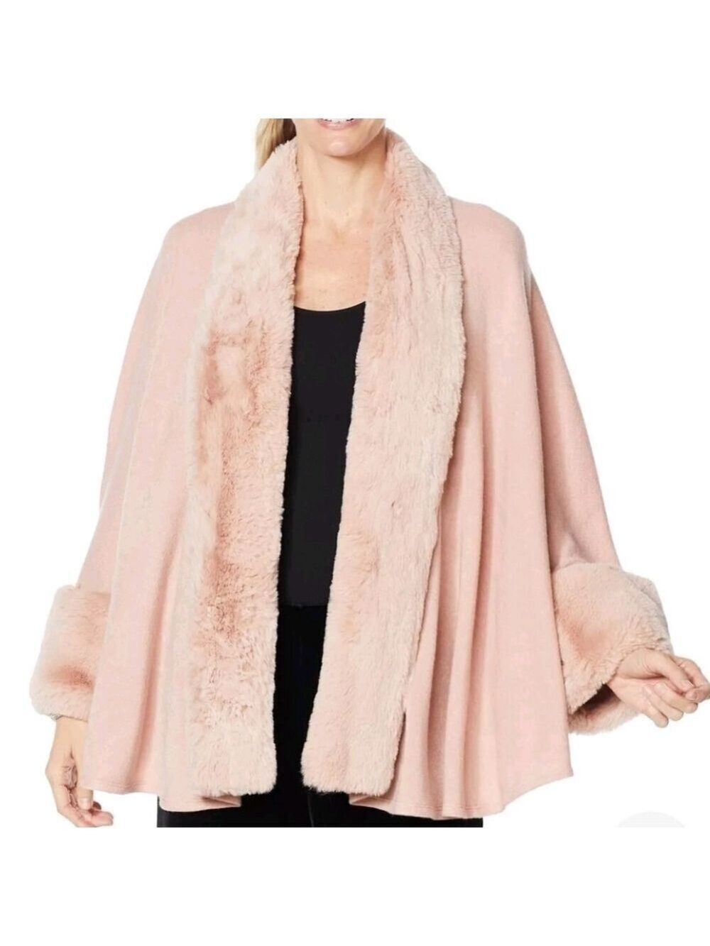 Heidi Daus Pale Pink-ish Sweater Knit Topper Cardigan Faux Fur, Size M/L